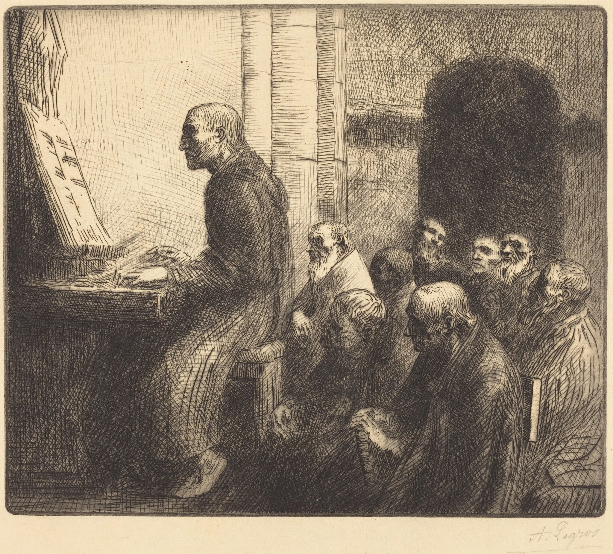 Monk Playing the Organ in Church (Moine jouant de l'orgue a l'eglise), by Alphonse Legros, ink, 1874