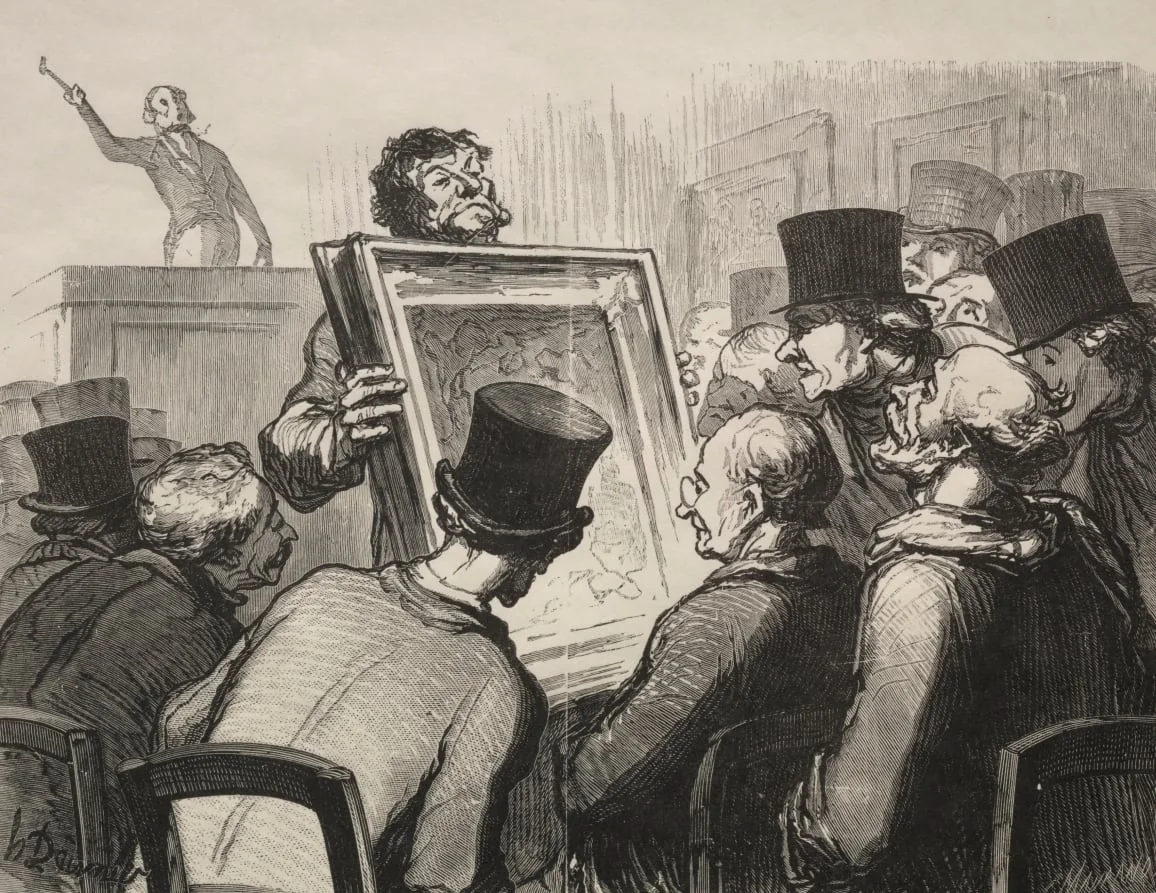 Painting Enthusiasts at Auction House Bouillon, by Honoré Daumier, 1862