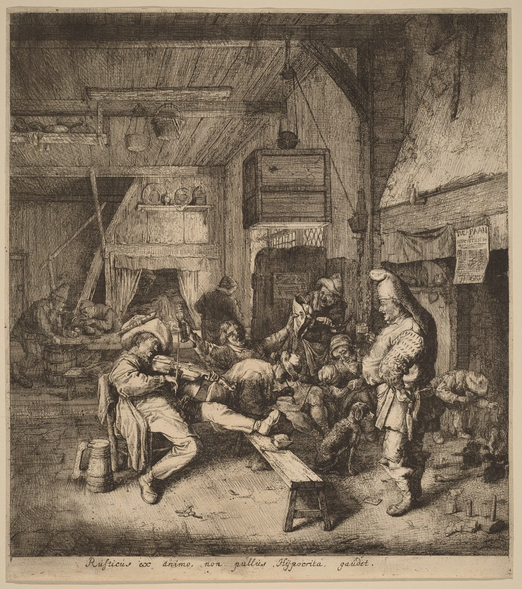 Violin Player Seated in a Tavern, by Cornelis Dusart, ink, 1685