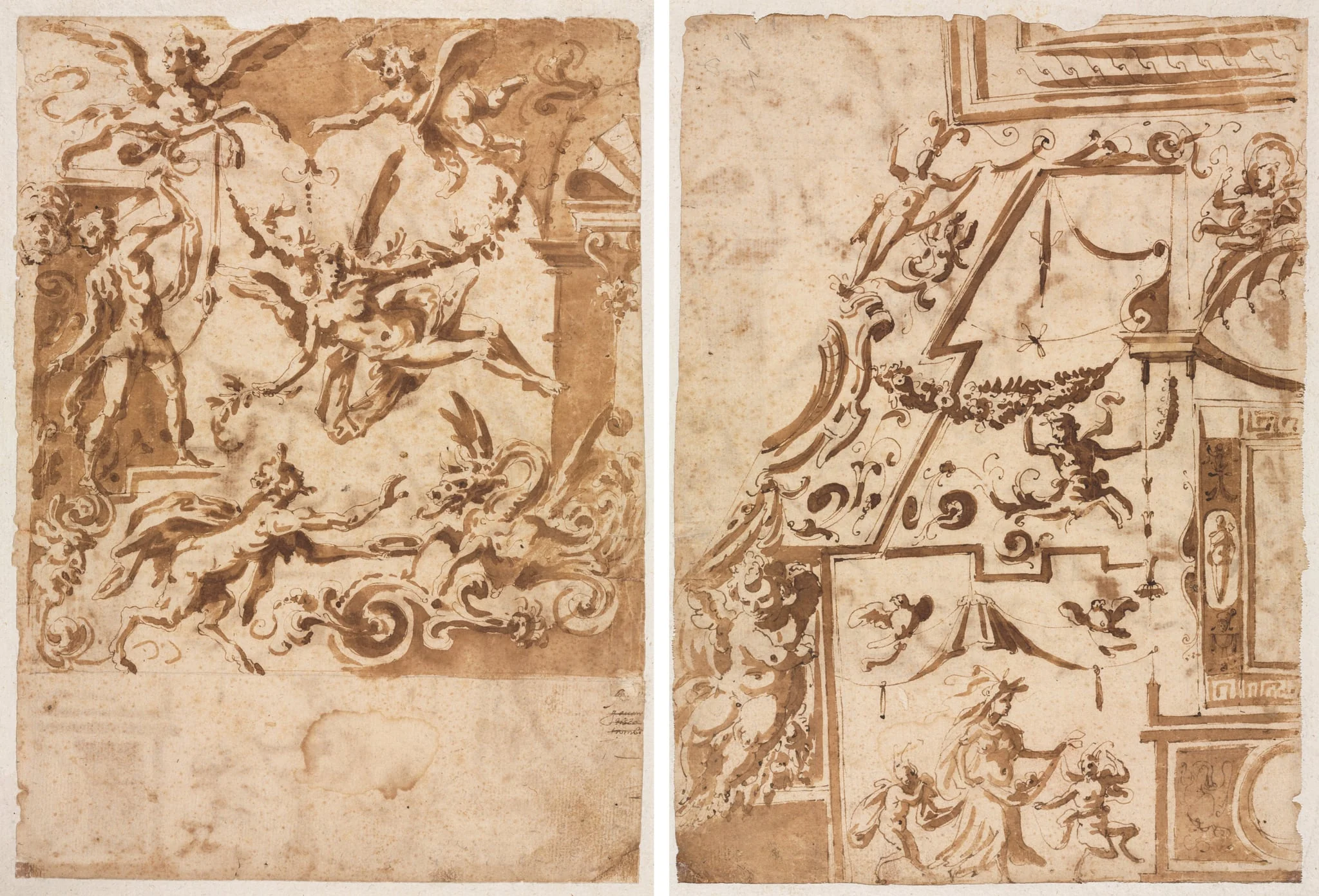 Grotesque with a Satyr Feeding a Dragon (recto); Grotesque with a Leaping Centaur (verso), by Marco Marchetti, 1576