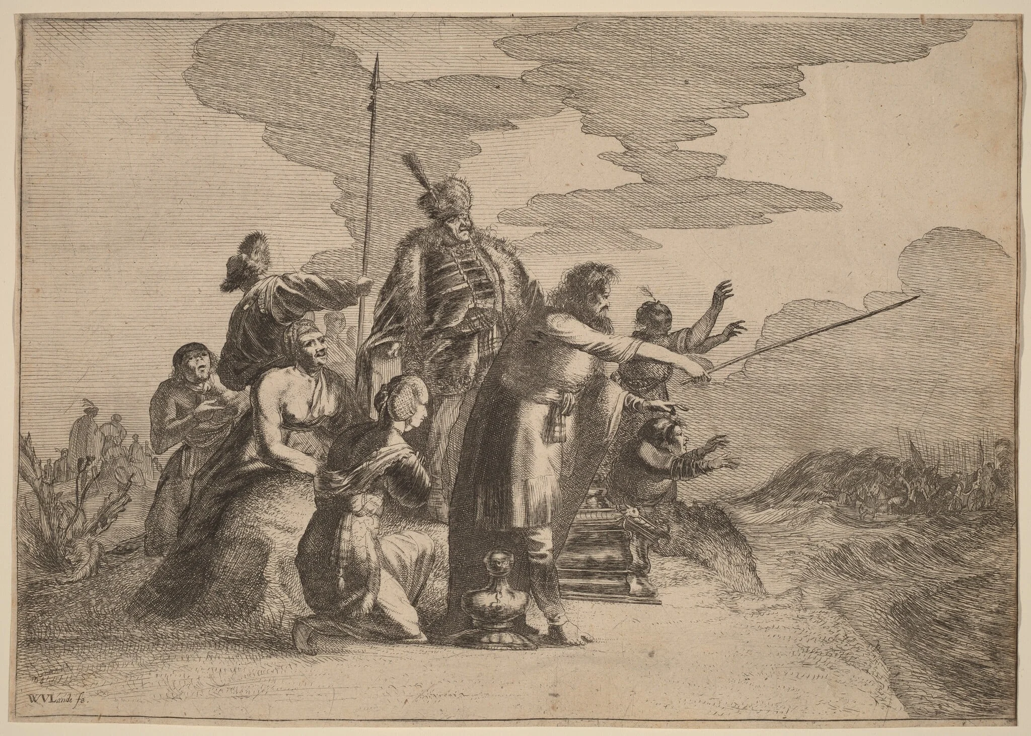 Pharoah Perishing in the Red Sea, by Willem van Lande, ink, 1630