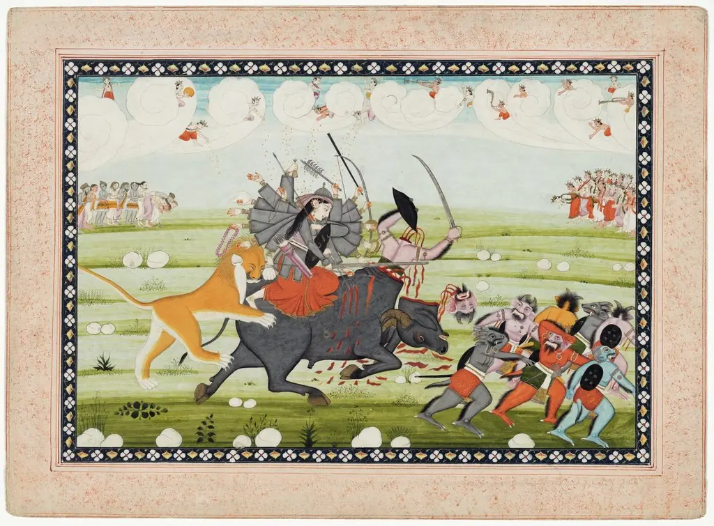 Durga, Having Decapitated Bull and Mahishasura Within, Drives off Remaining Demons while Gods in Clouds Applaud