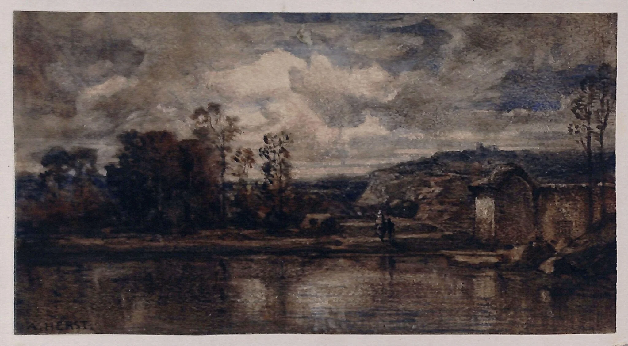 Landscape with pond, by Auguste Clément Joseph Herst, watercolor, 1850