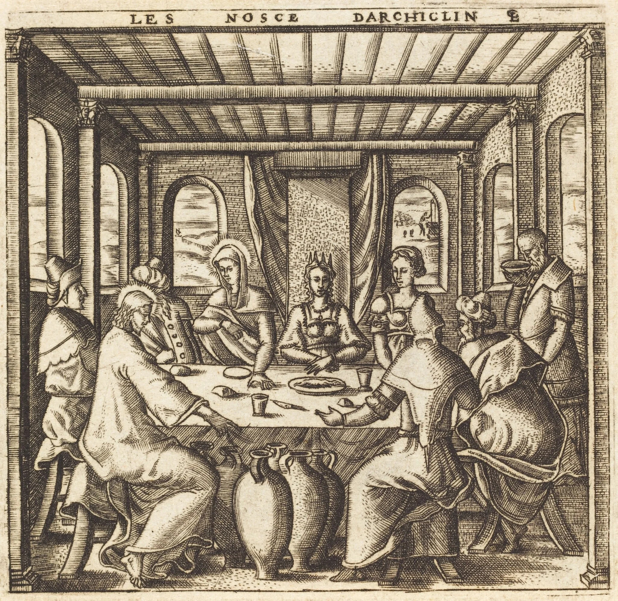 The Wedding at Cana (Christ Changes Water to Wine), by Léonard Gaultier, ink, 1578