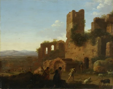 Landscape with figures and ruins, by Cornelius van Poelenburgh, oil, 1650