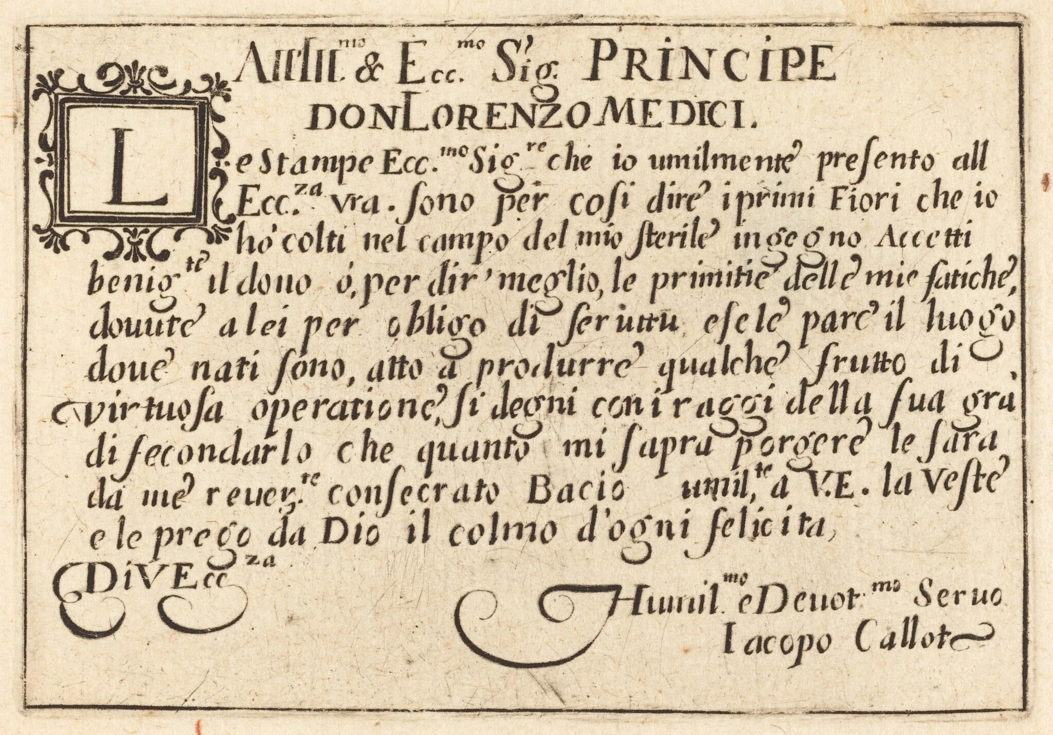 Dedication to Don Lorenzo de' Medici, by Jacques Callot, ink, 1622