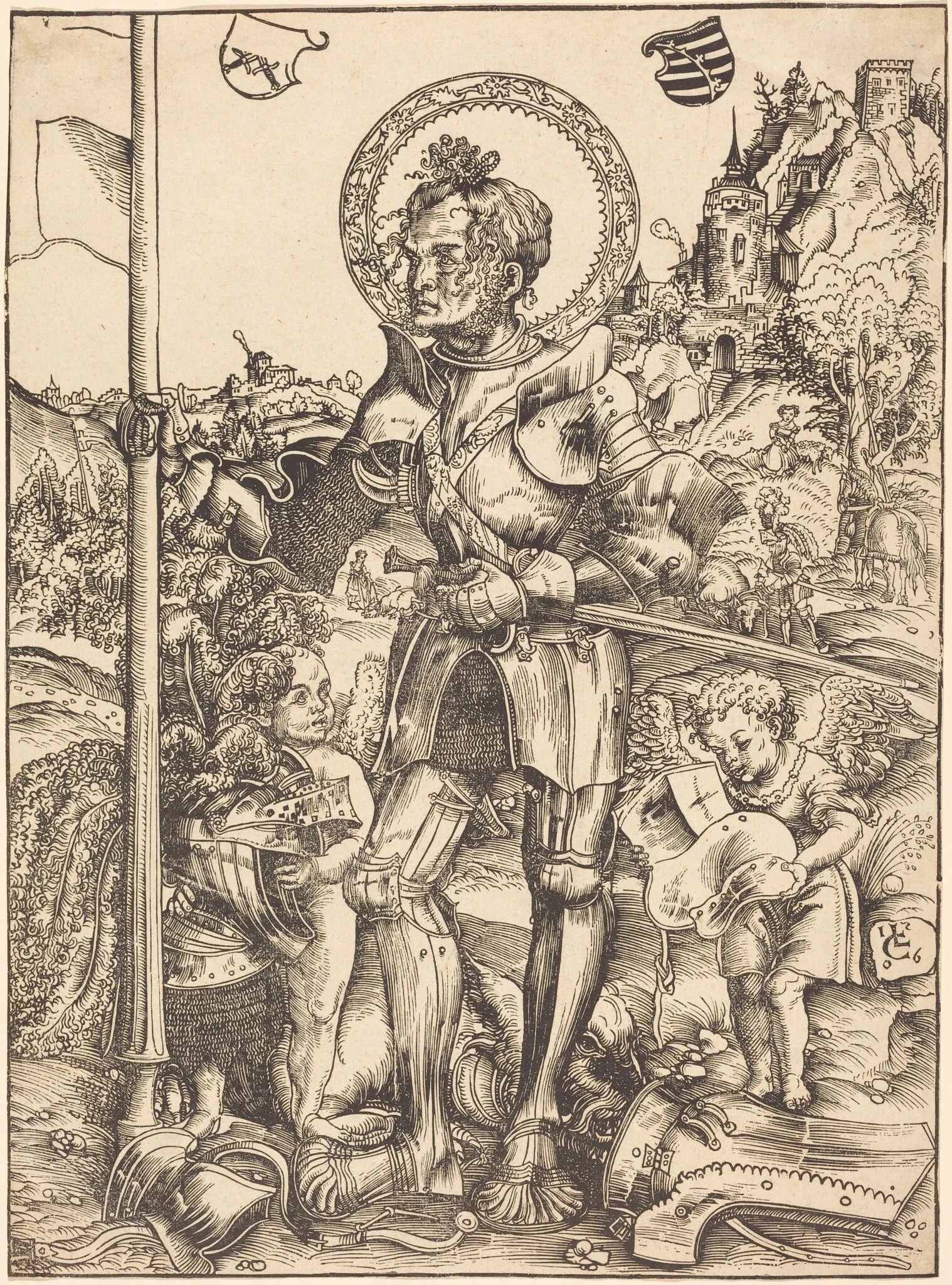 Saint George Standing, with Two Angels, by Lucas Cranach the Elder, ink, 1506