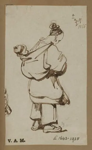 A Chinese boatwoman with a child in a sling on her back