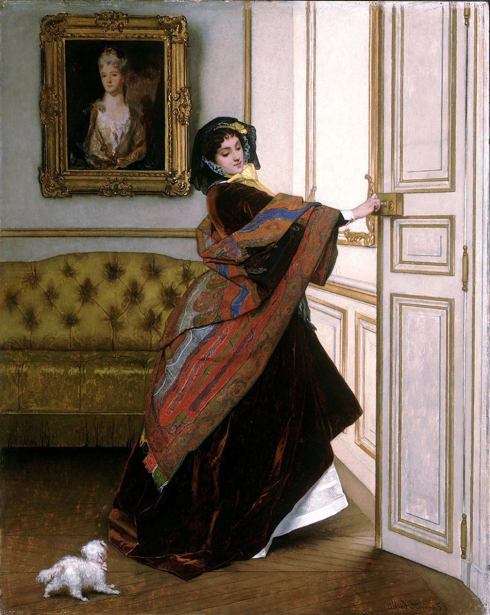 Departing for the Promenade (Will You Go Out with Me, Fido?), by Alfred Stevens, oil, 1859