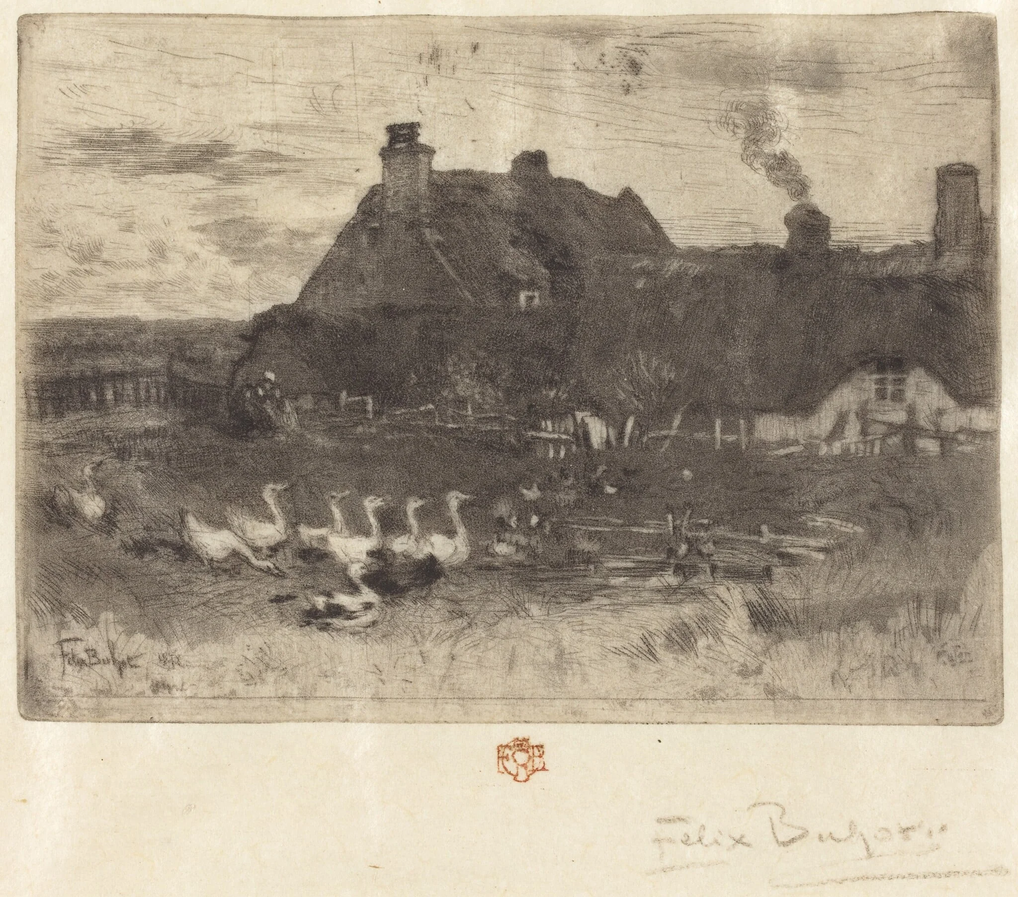 Les Petites Chaumières (Thatched Cottages--Small Plate), by Félix-Hilaire Buhot, ink, 1878