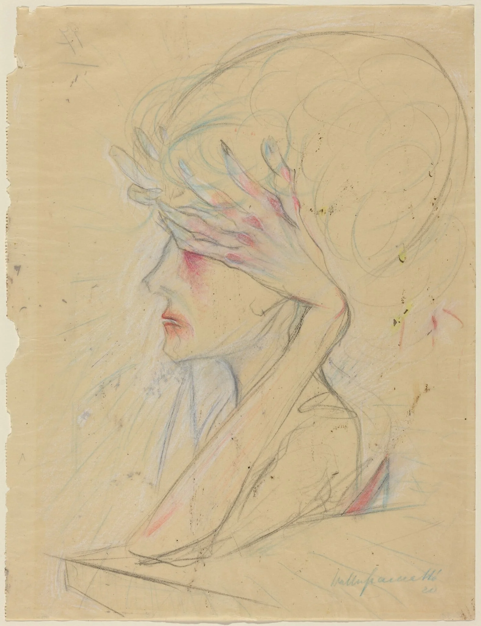 An Elegant Woman with Her Hands Covering Her Eyes, by Walter Gramatté, chalk, 1920