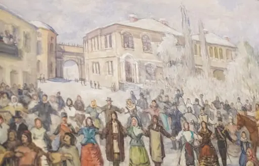 Compoziție reprezentând „Hora Unirii” din Iași. Dansul este reprezentat de oameni din diferite categorii sociale reprezentați multicolor Ei sunt prinși în două lanțuri umane concentrice, cel din mijloc format din femei. În fundal, în stânga, se vede hanul lui Petre Bacalu având în balcon pe Al. I. Cuza și pe Elena Cuza, iar în dreapta Academia Mihaileană. Nu este semnat.