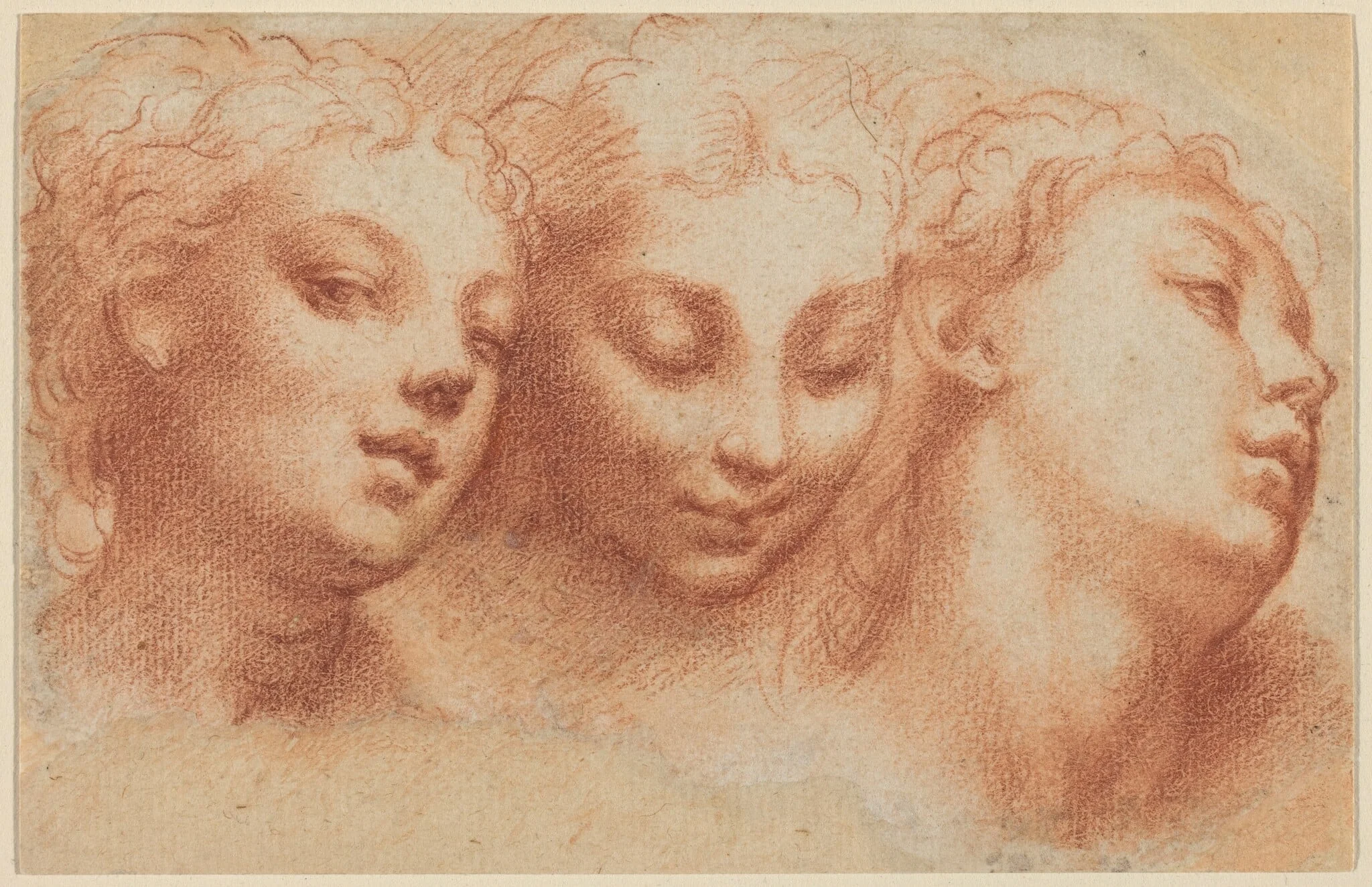 Three Feminine Heads, by Parmigianino, chalk, 1523