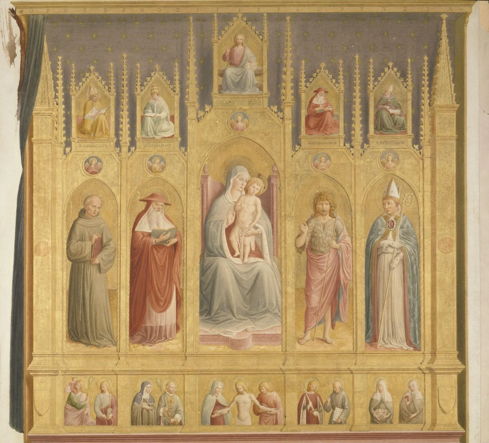 Copy after the fresco of the mock polyptych <i>Virgin and Child with Saints</i>, Benozzo Gozzoli in San Francesco, San Girolamo chapel, Montefalco, by Benozzo Gozzoli, watercolor, 1872