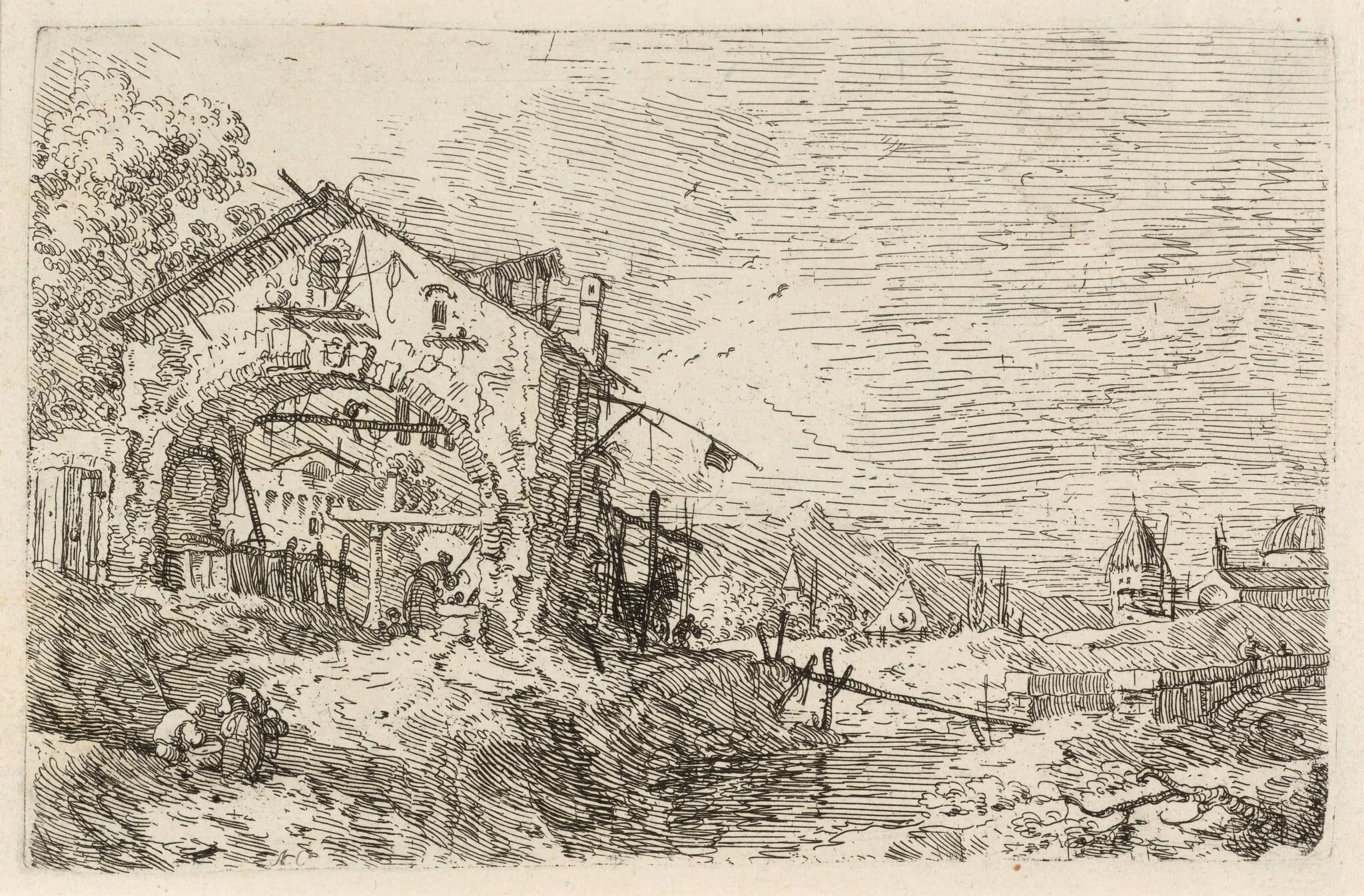 Landscape with a Woman at a Well, by Canaletto, ink, 1740