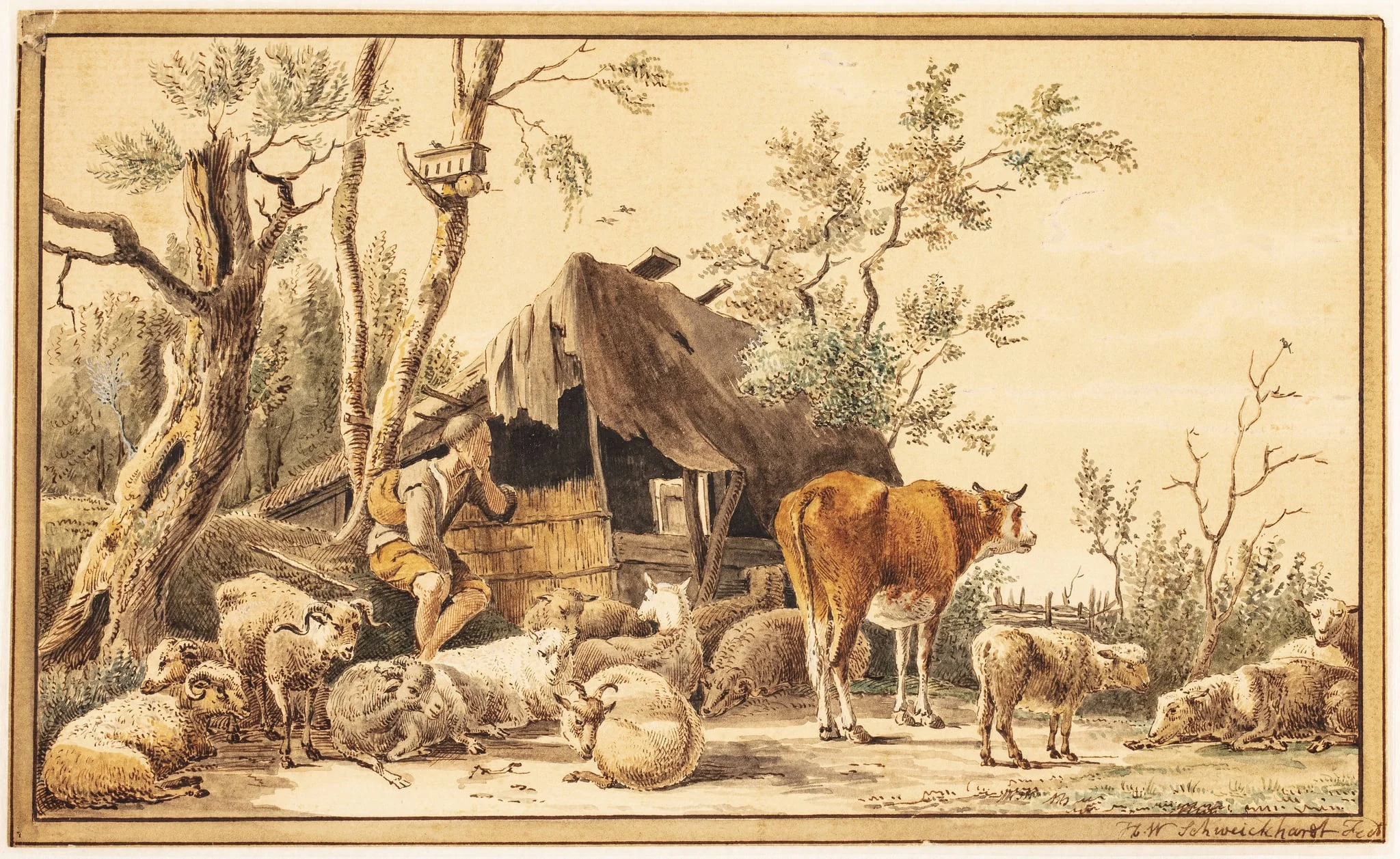 En fårehyrde med sin hjord ved et skur, by Unknown, unspecified, 1750