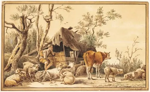 En fårehyrde med sin hjord ved et skur