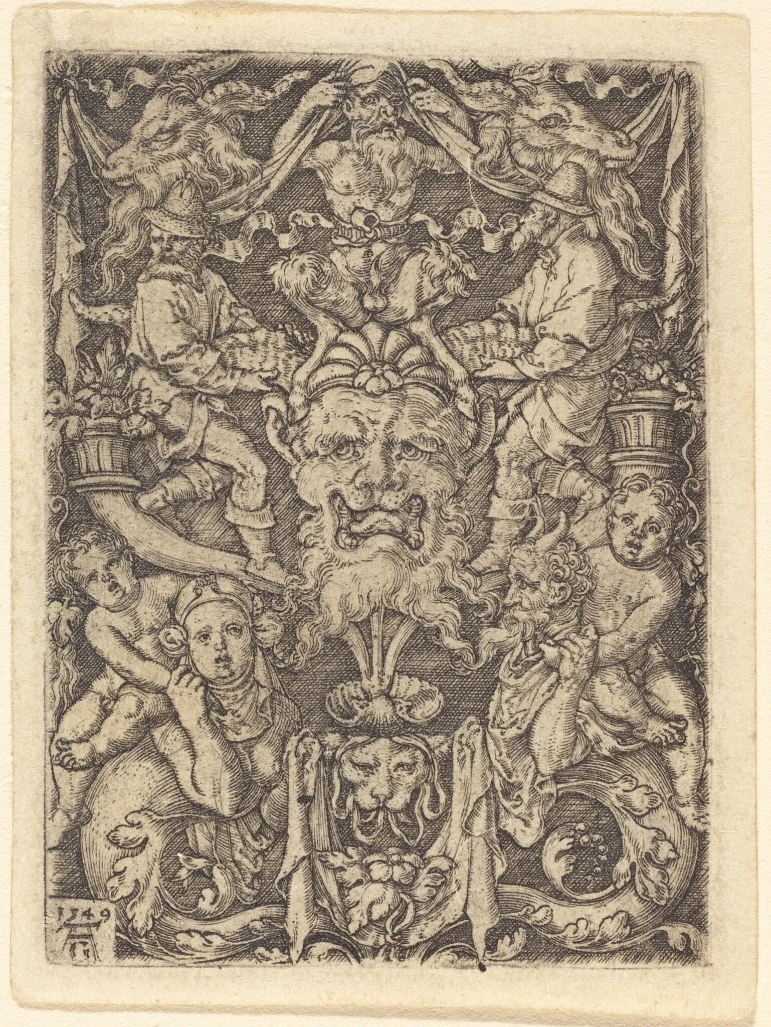 Ornament with Mask, by Heinrich Aldegrever, ink, 1549