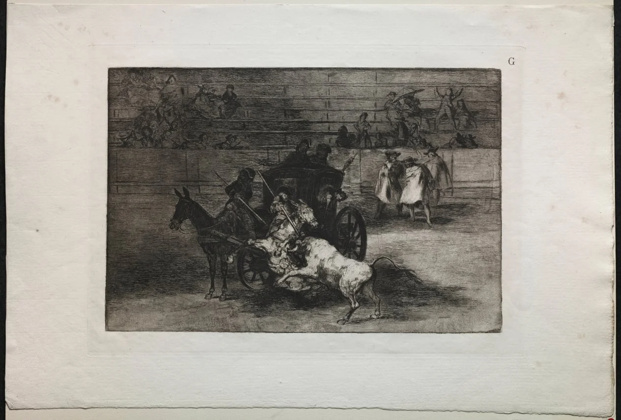 Bullfights:  Fight in a Carriage Harnessed to Two Mules, by Francisco Goya, 1816