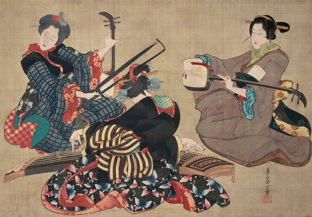 Three Women Playing Musical Instruments