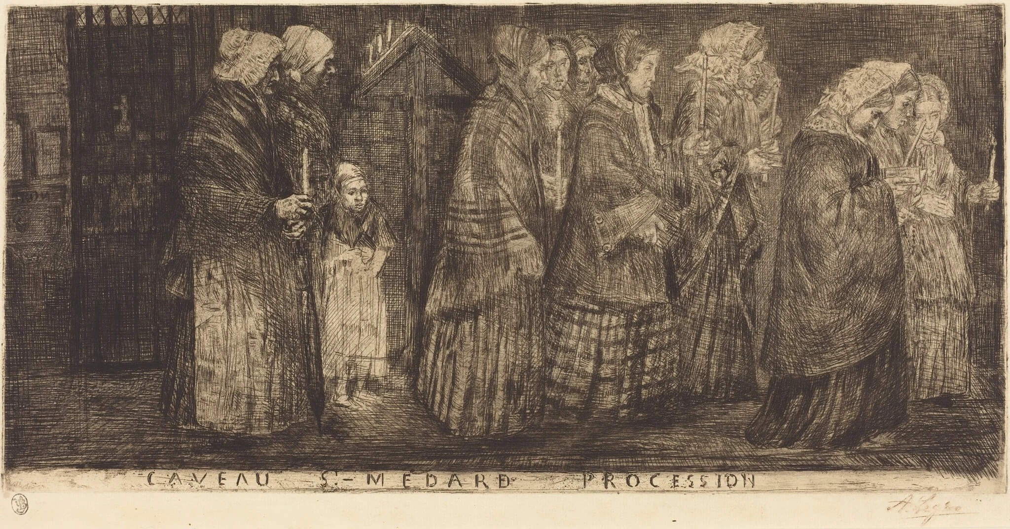Procession in the Sepulchre of Saint Medard(Procession dans les caveaux de St.Medard), by Alphonse Legros, ink, 1859