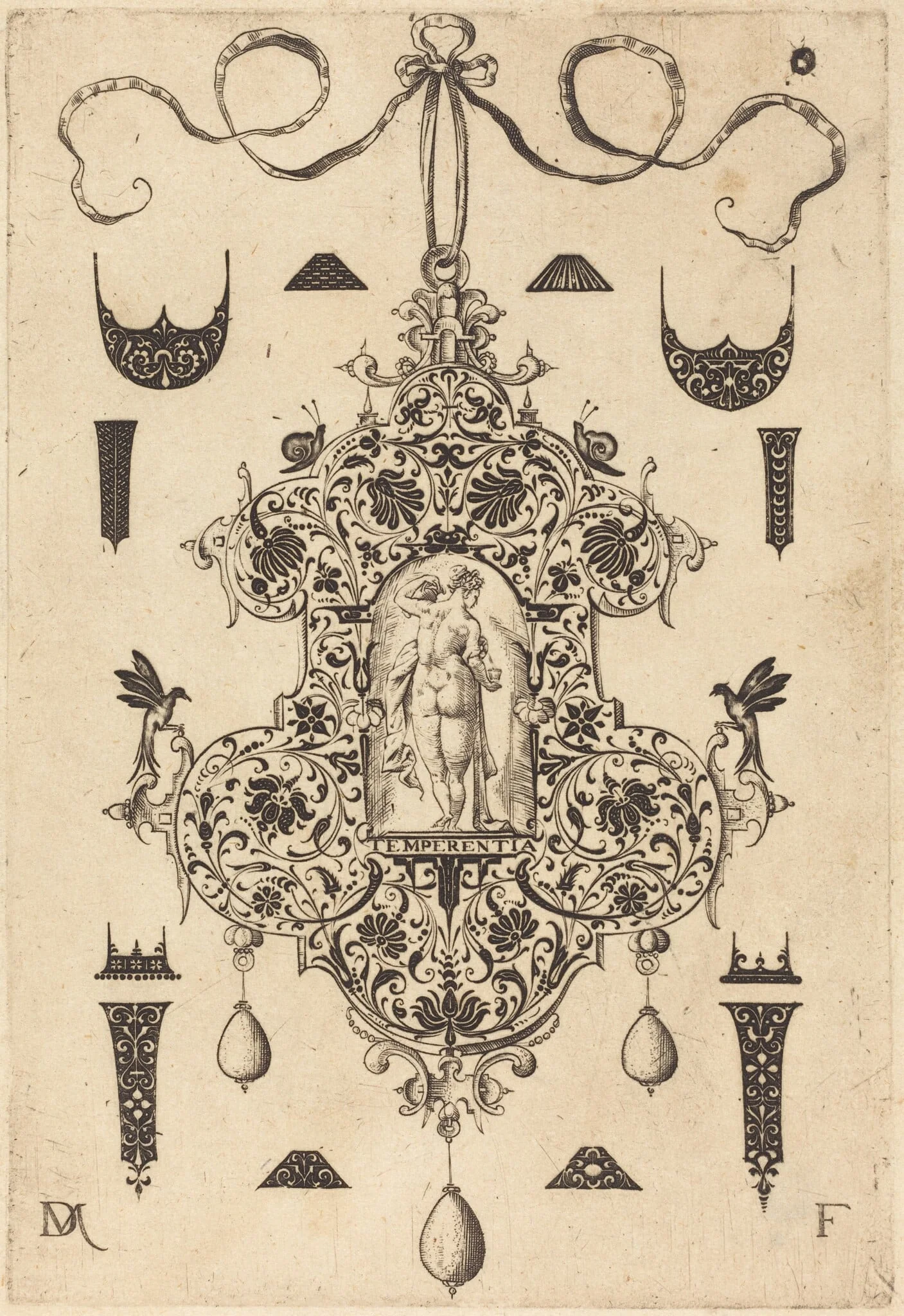 Large Pendant, Temperance Standing at Centre, by Daniel Mignot, ink, 1593