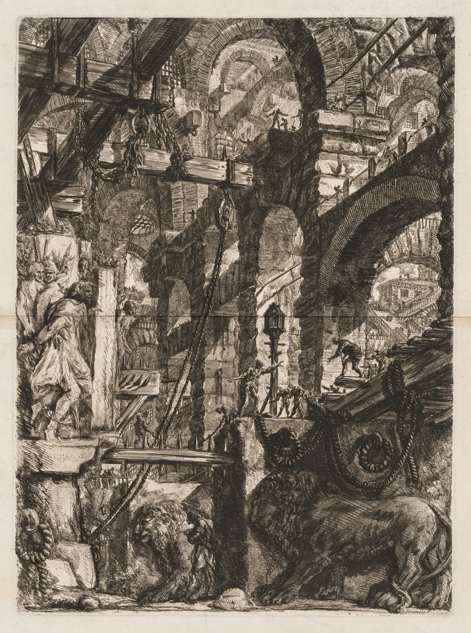 The Prisons:  A Perspective of Roman Arches, with Two Lions Carved in Relief on Stone Slabs in the Foreground, by Giovanni Battista Piranesi, 1748
