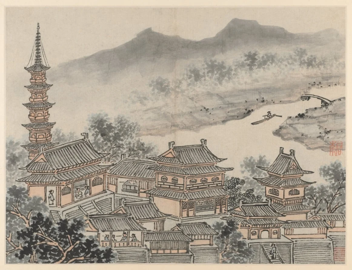 The Thousand Buddha Hall and the Pagoda of the "Cloudy Cliff" Monastery, from Twelve Views of Tiger Hill, Suzhou, by Shen Zhou, unspecified, 1490