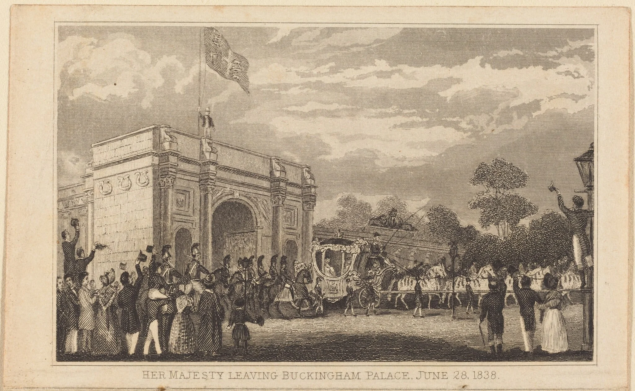 Her Majesty Leaving Buckingham Palace, June 28, 1838 [left half], by British 19th Century, ink, 1801