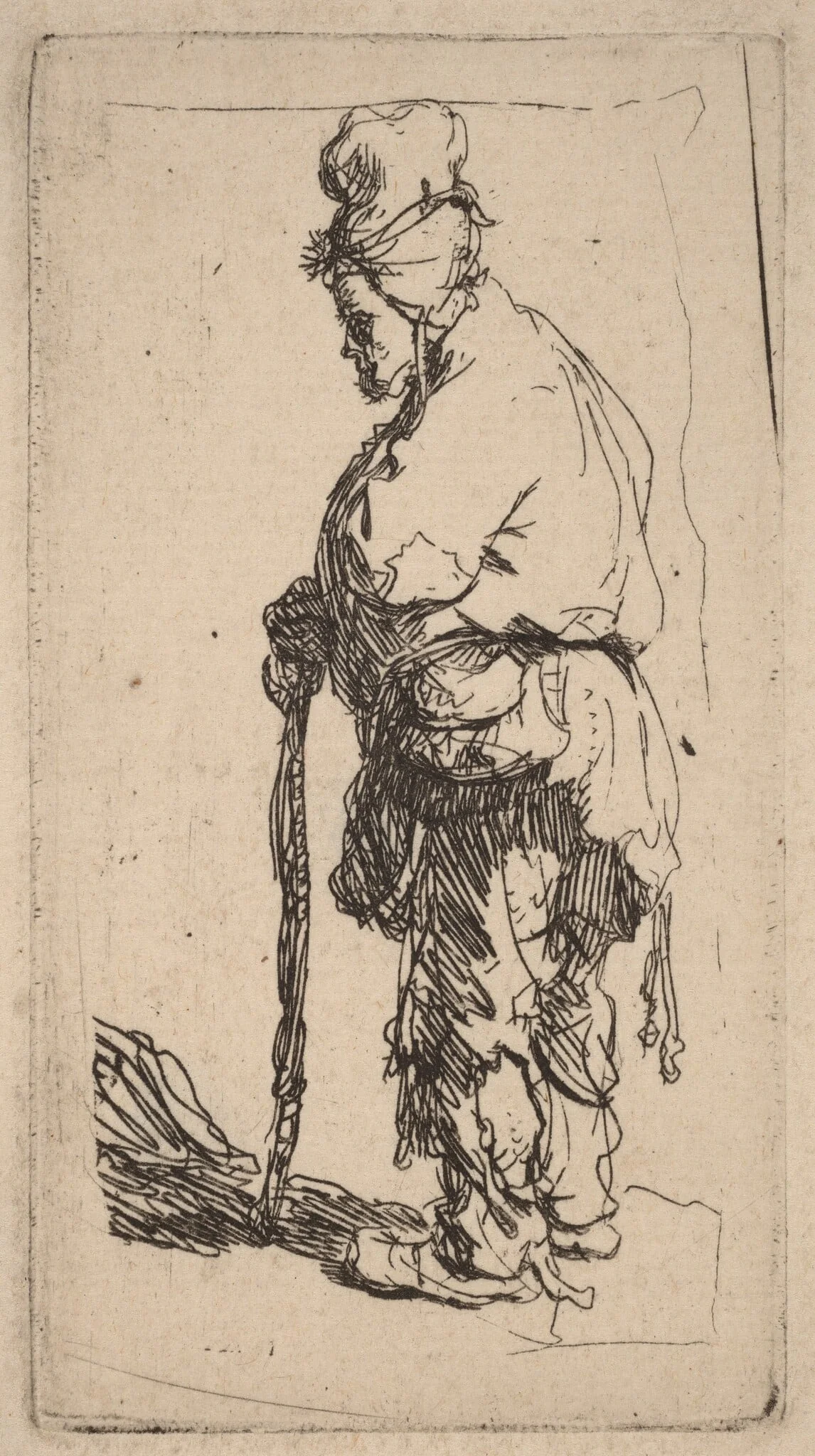 Beggar Leaning on a Stick, Facing Left, by Rembrandt, ink, 1630