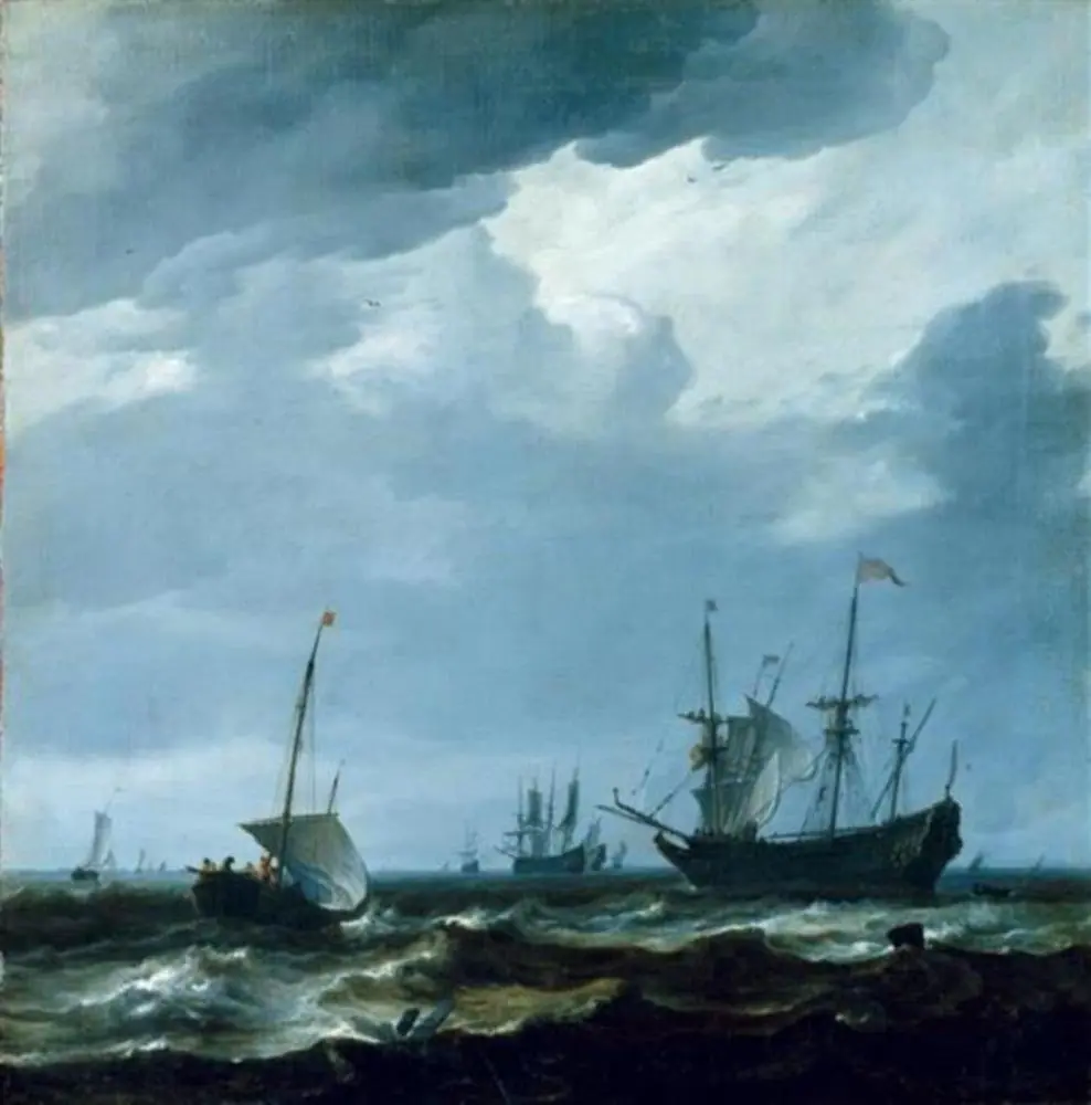 Ships on open water, a frigate on the right