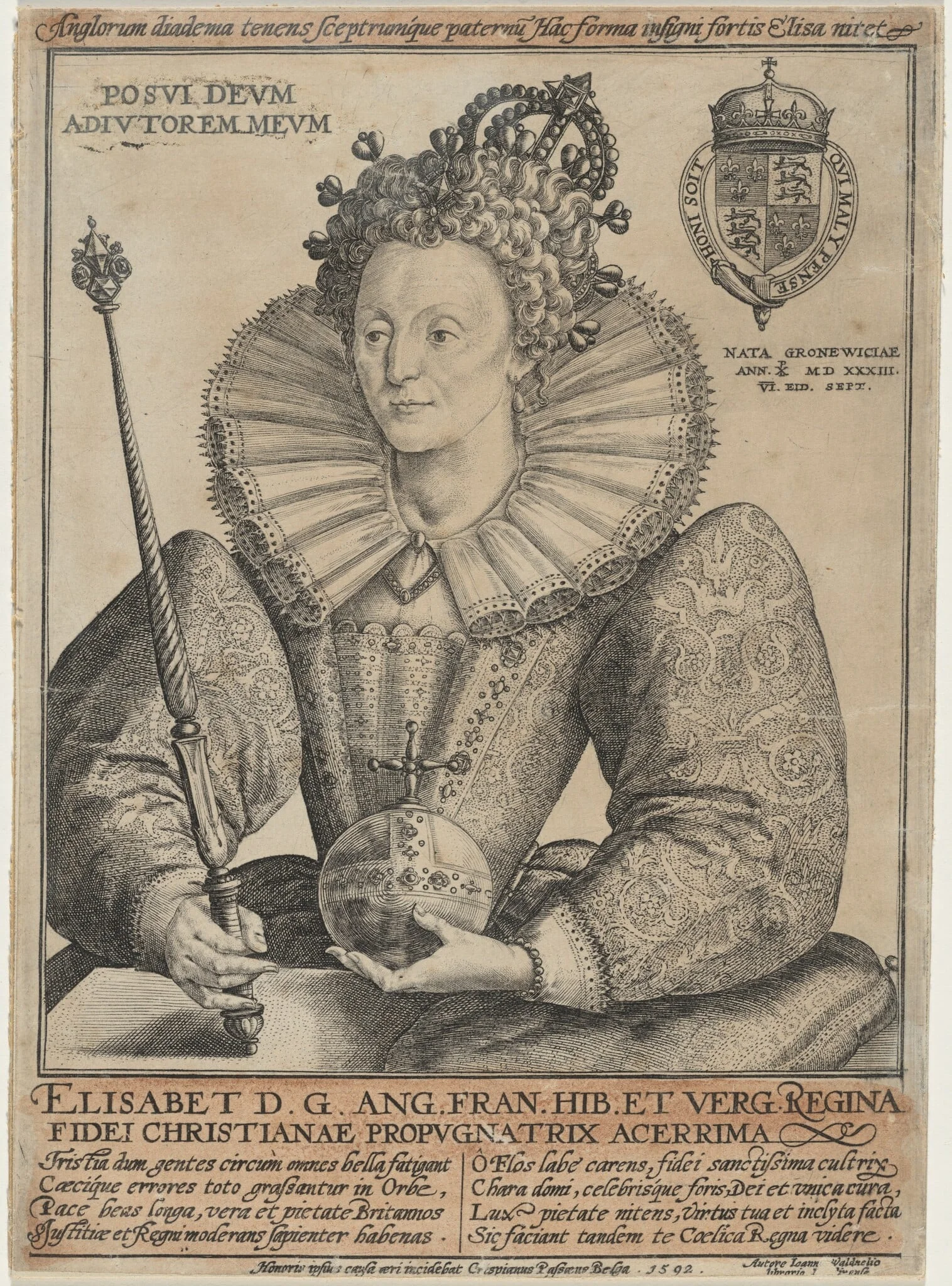 Elizabeth, Queen of England, by Crispijn van de Passe I, ink, 1592