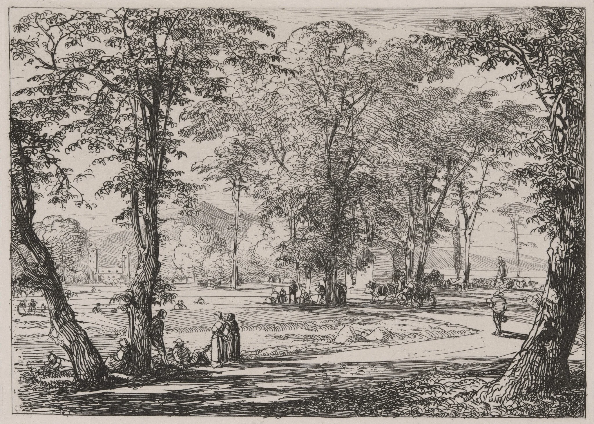 Village Scene with Workers in a Field and at Rest, by Caspar Johann Nepomuk Scheuren, ink, 1842
