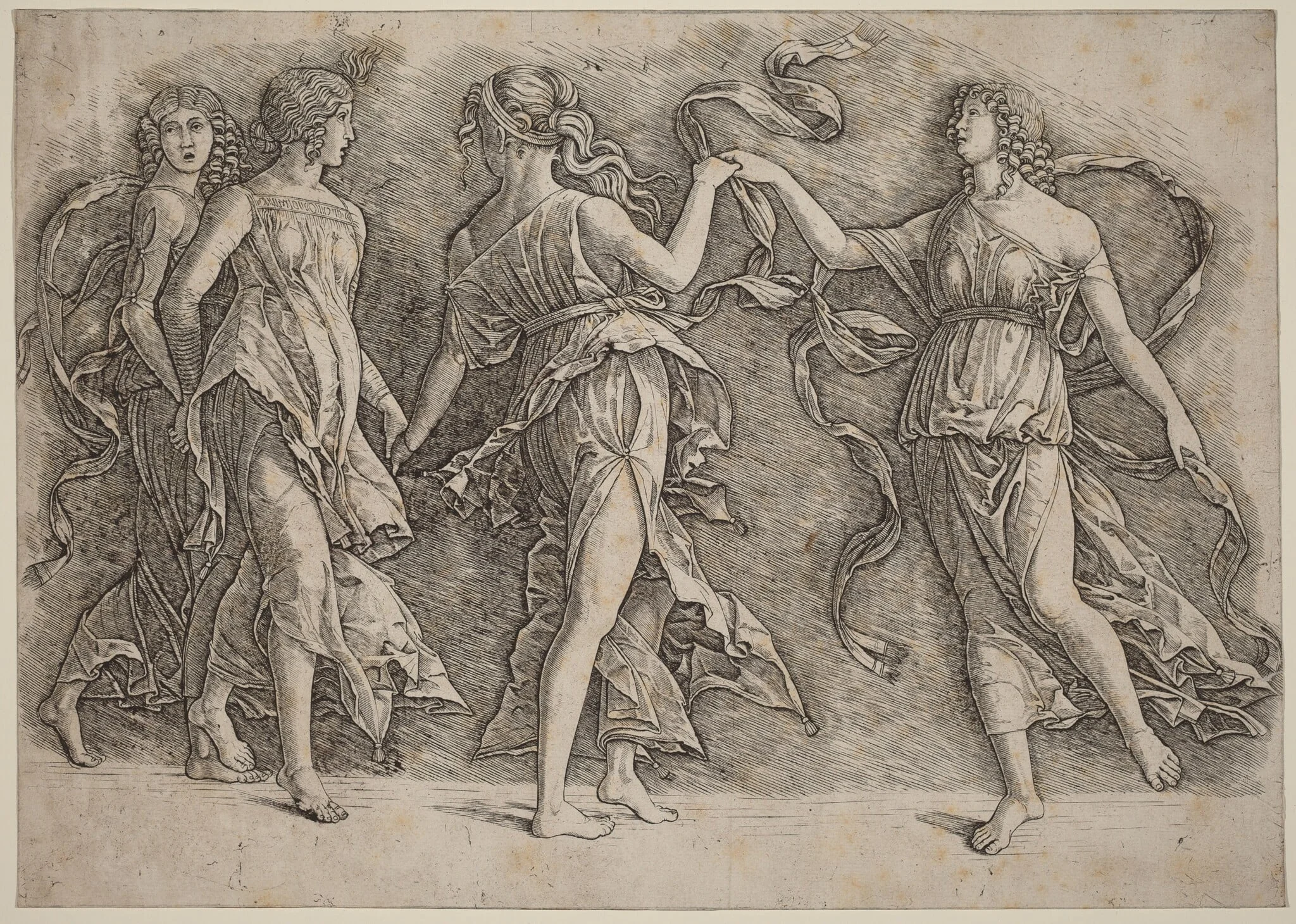 Four Dancing Muses, by Andrea Mantegna, ink, 1497