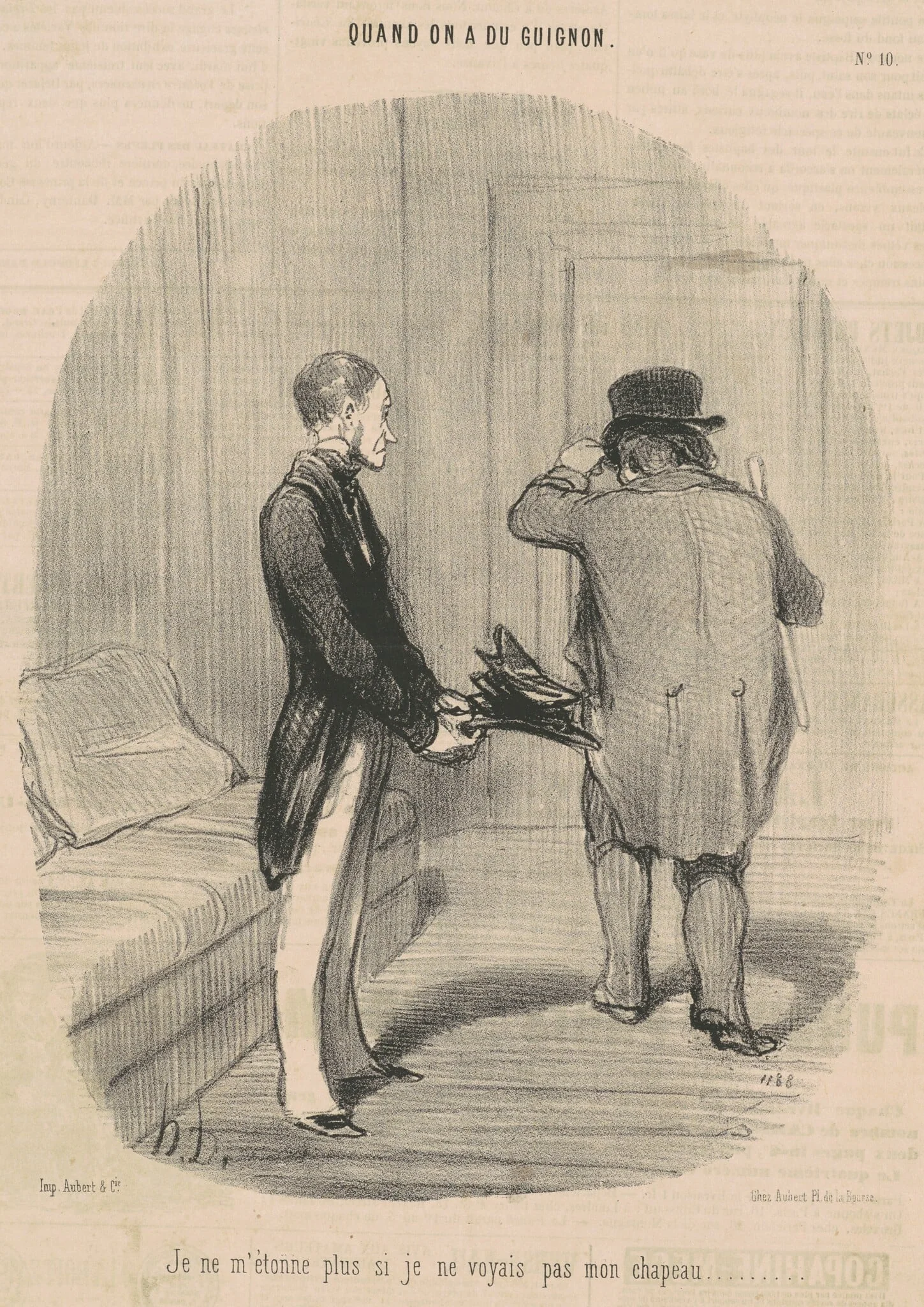 Je ne m'étonne plus si je ne voyais pas mon chapeau ..., by Honoré Daumier, ink, 1850