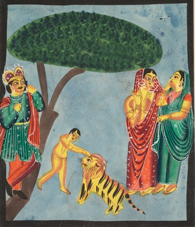 Dushyanta watching his son Bharat playing with the tiger at the end of the Abhijnanashakuntalam (verso), from a Kalighat album, by Unknown, unspecified, 1890
