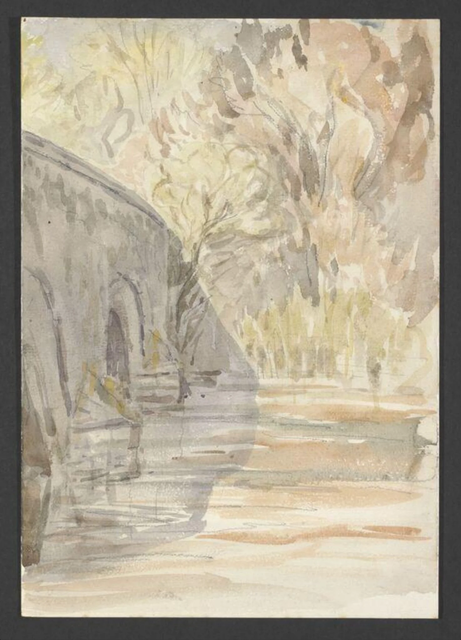 A bridge seen from a riverbank, by Beatrix Potter, watercolor, 1894