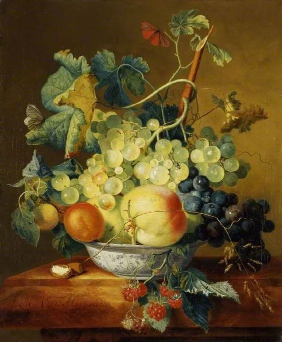 A Dish of Fruit, by Francina Margaretha van Huysum, oil, 1729