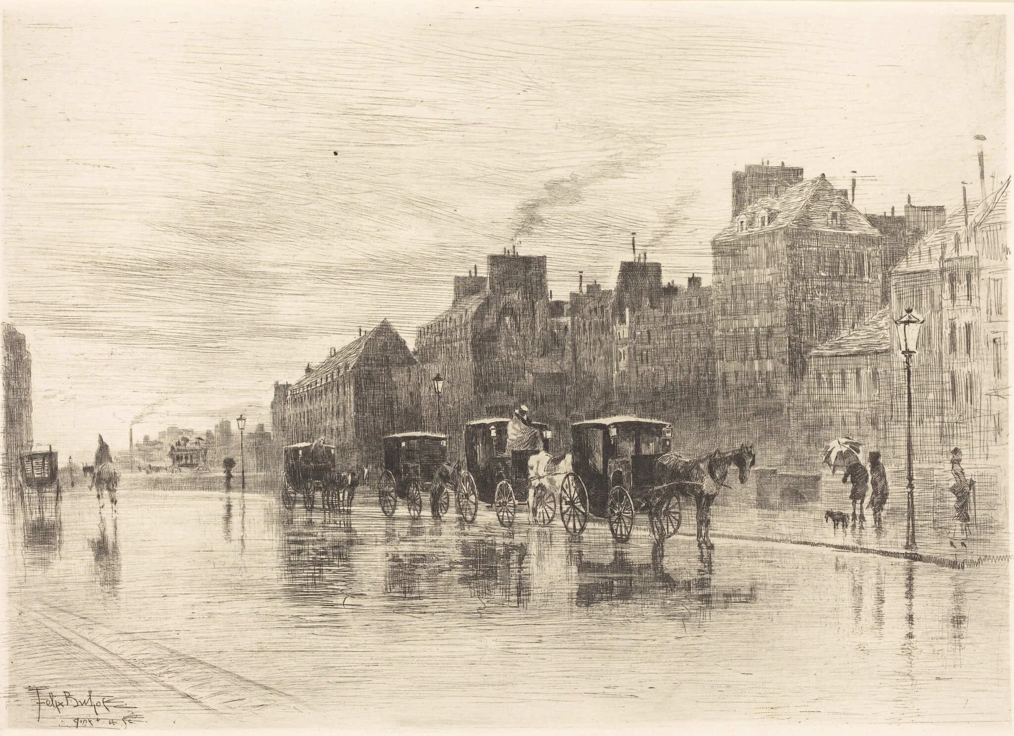 Une Matinée d'Hiver au Quai de l'Hôtel-Dieu (Winter Morning on the Quai de l'Hôtel-Dieu), by Félix-Hilaire Buhot, ink, 1876