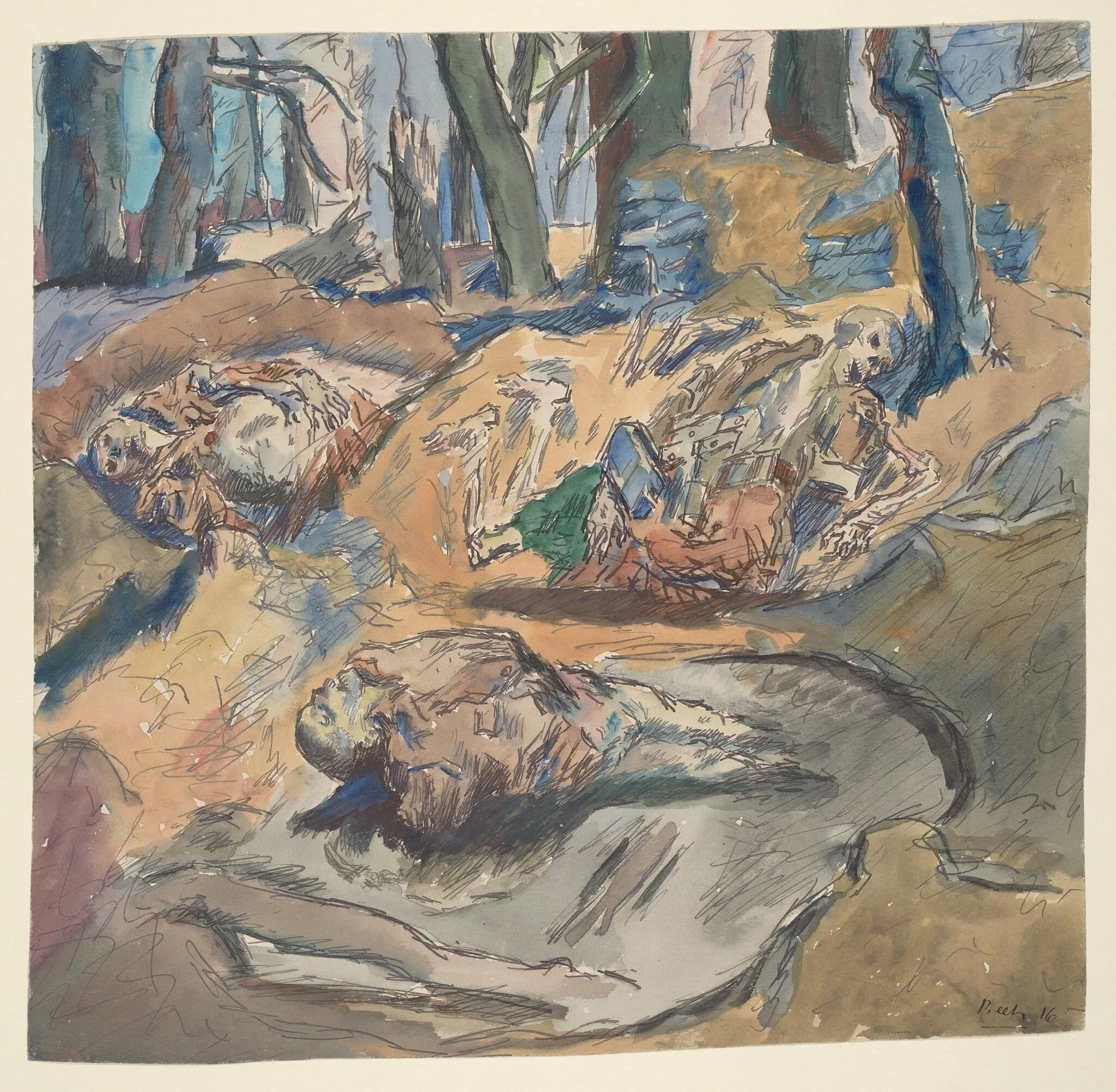 Dead Scottish Soldiers on the Battlefield near Ypres, by René Beeh, ink, 1916