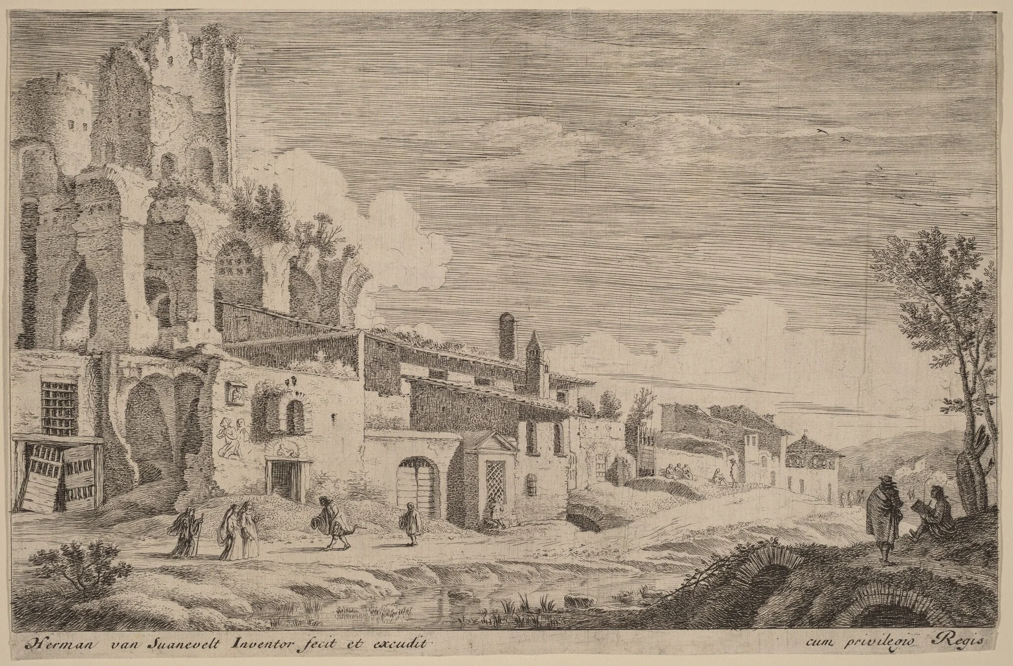 Landscape with an Artist Sketching, by Herman van Swanevelt, ink, 1628