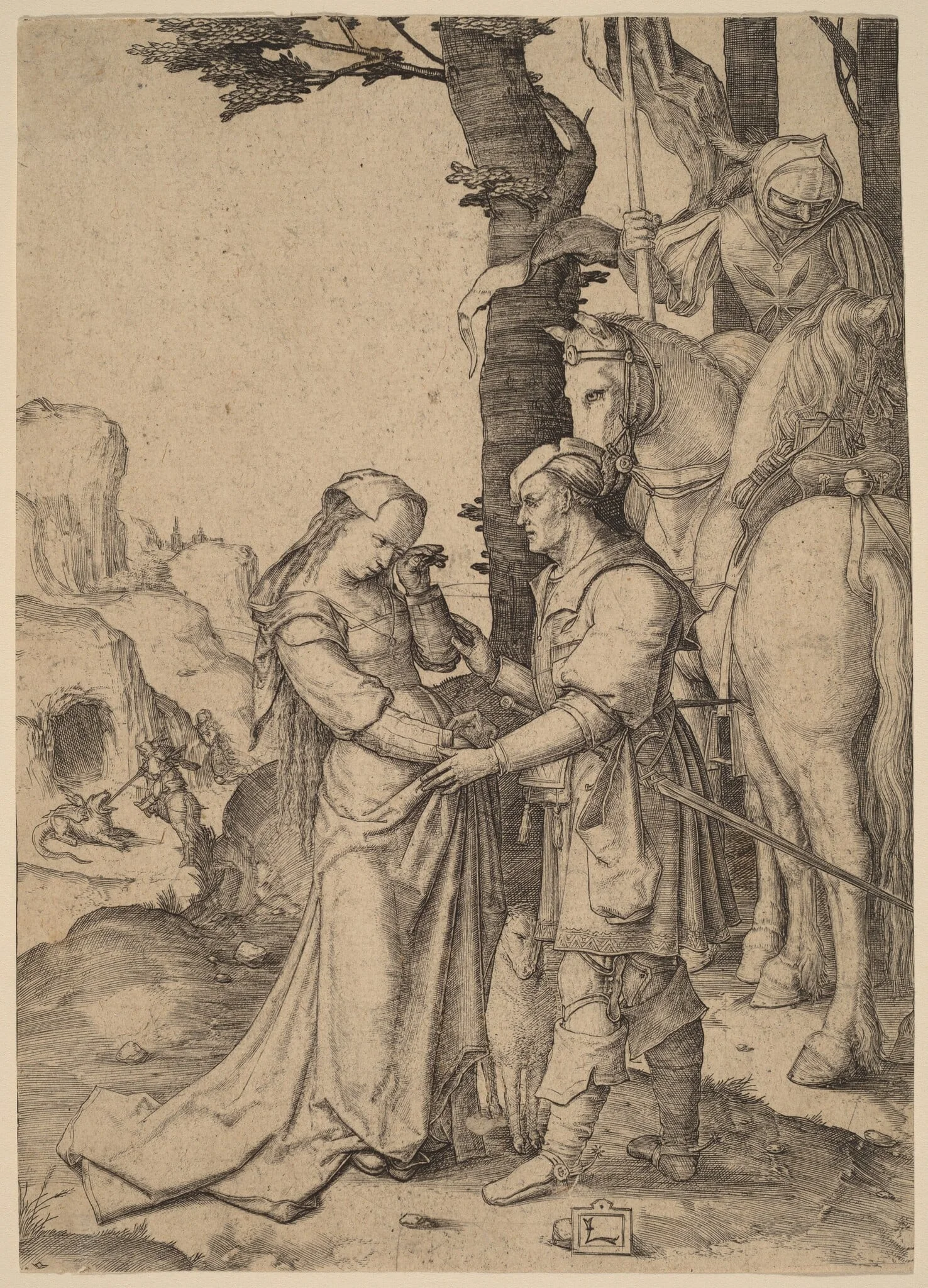 Saint George Liberating the Princess, by Lucas van Leyden, ink, 1508