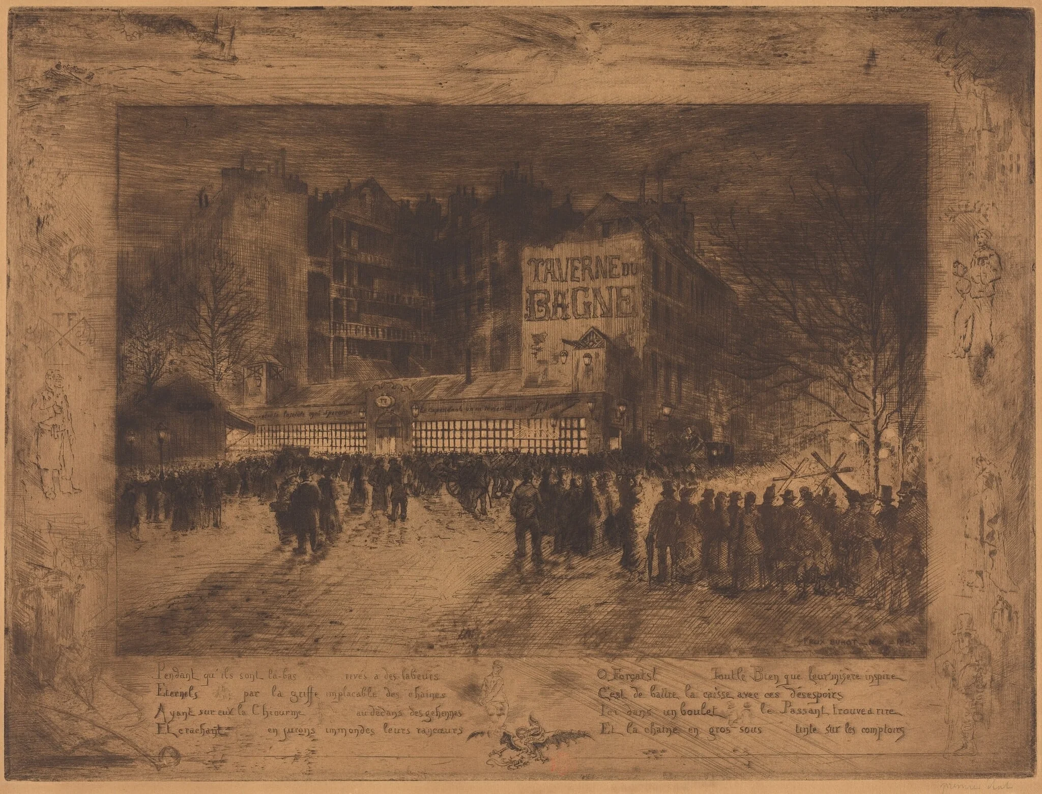 La Place des Martyrs et La Taverne du Bagne (The Place des Martyrs and the Jailhouse Tavern), by Félix-Hilaire Buhot, ink, 1885