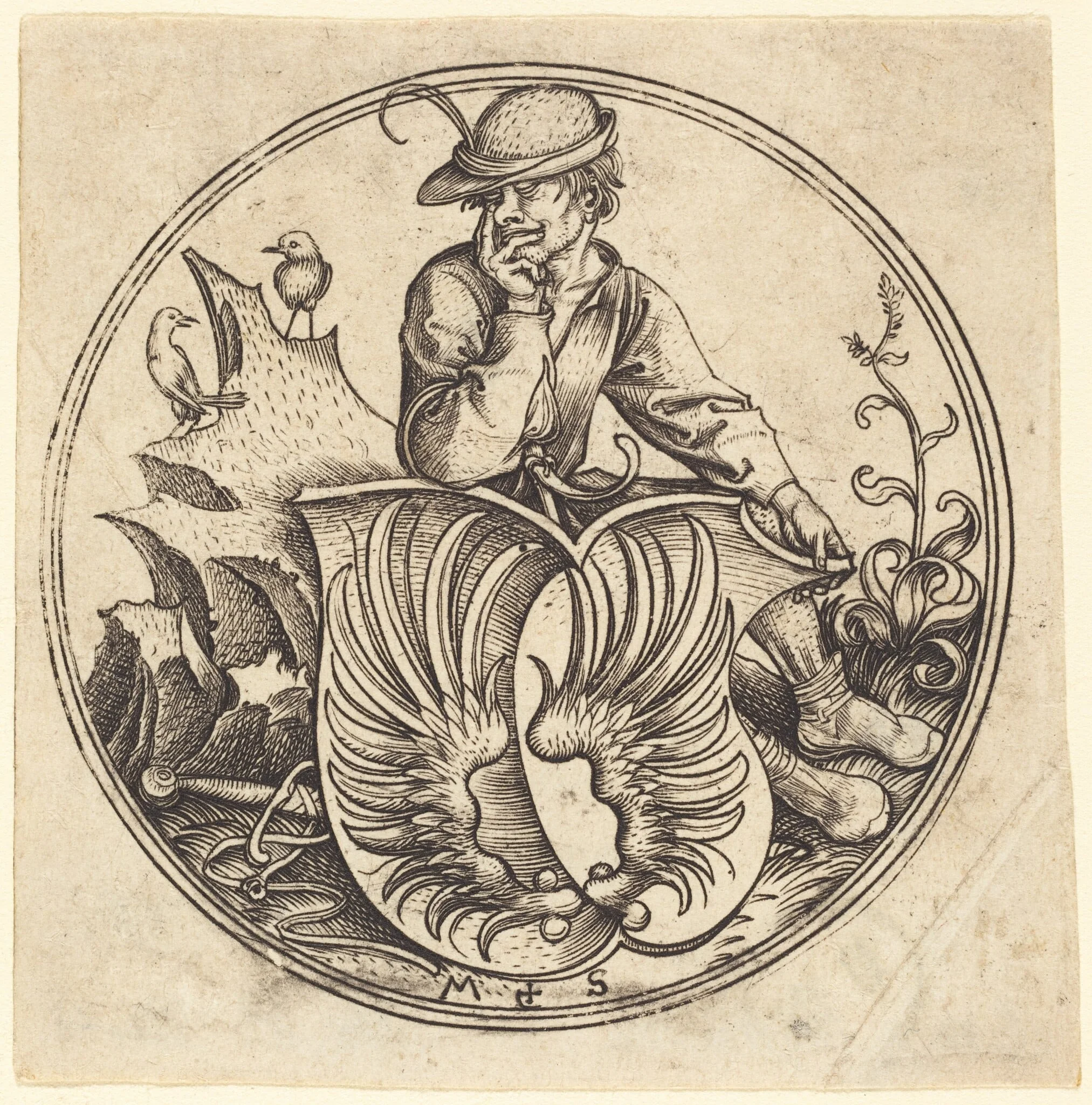 Shield with Wings, Held by Peasant, by Martin Schongauer, ink, 1485