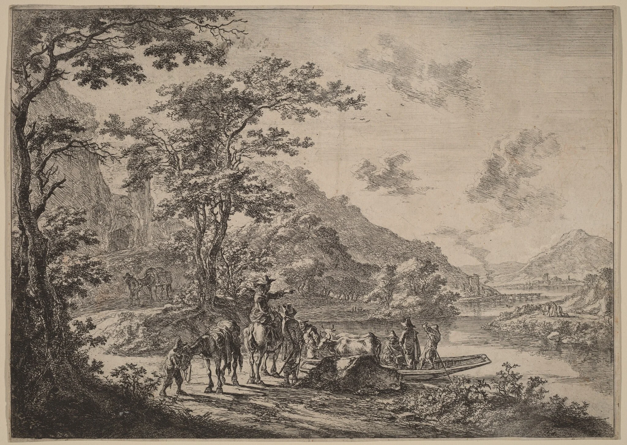 View of the Tiber in the Campagna, by Jan Both, ink, 1700