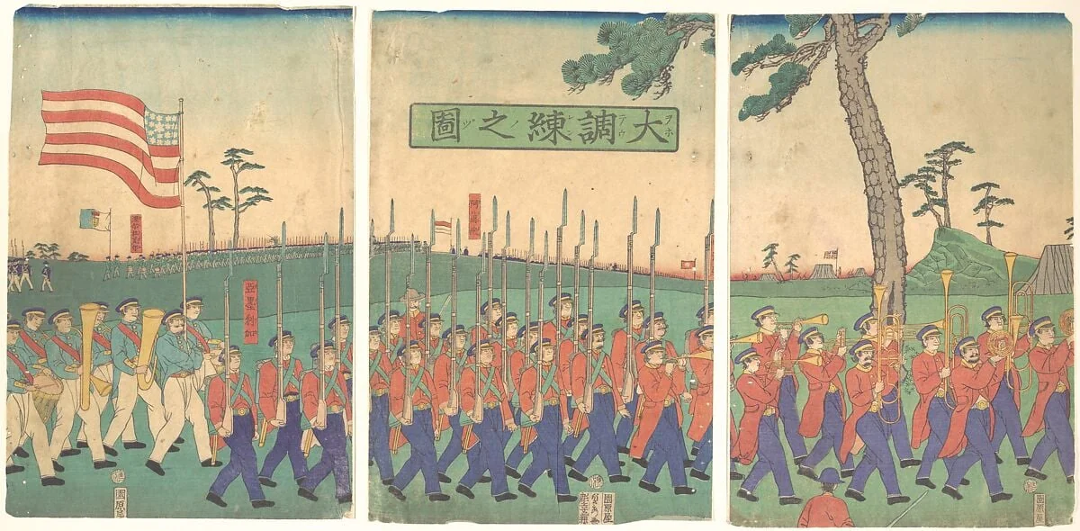 Uchoren no zu|Great Military Drill, by Utagawa (Gountei) Sadahide, ink, 1866