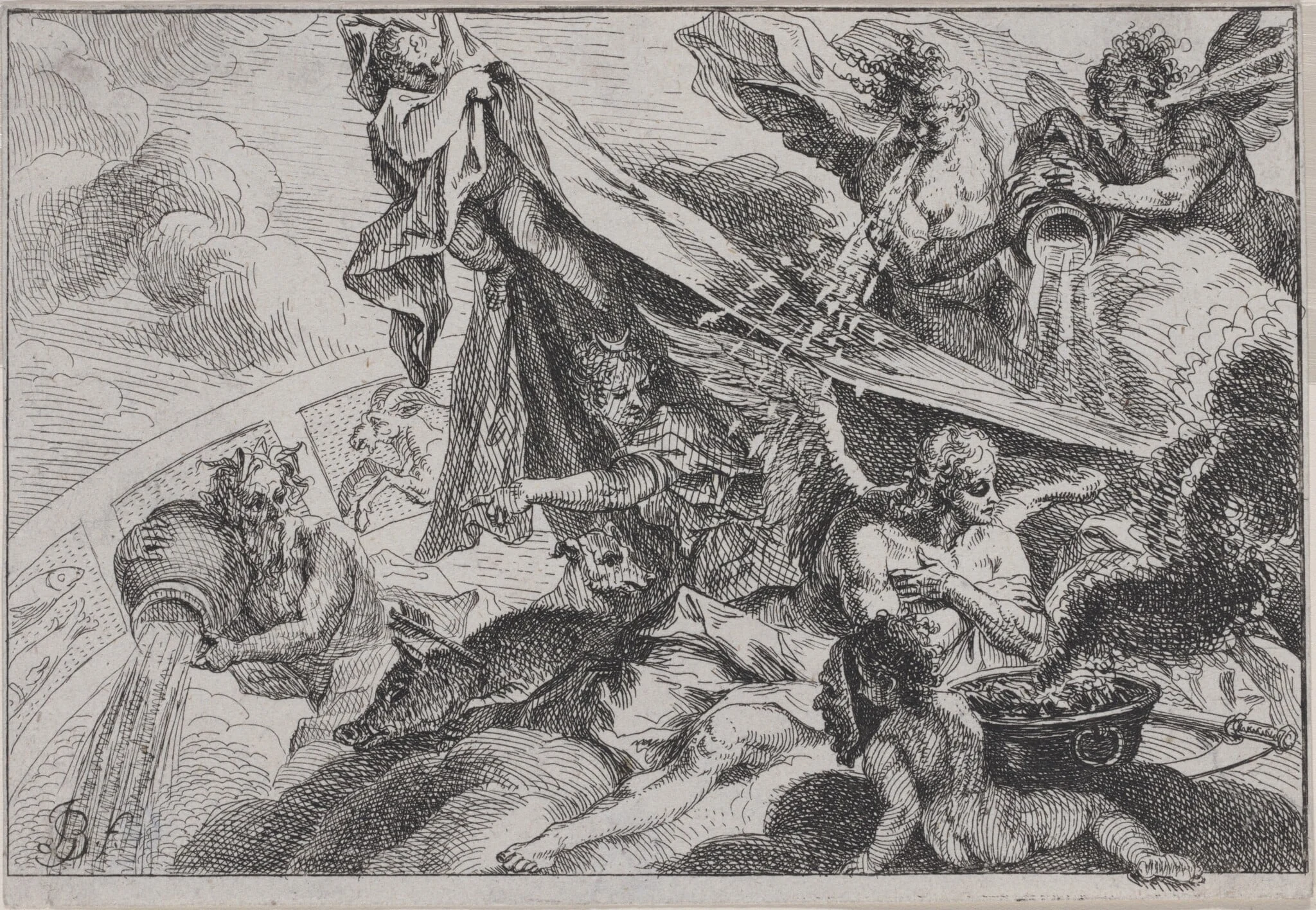 Allegory of Winter with Diana the Huntress, by Johann Georg Bergmüller, ink, 1750