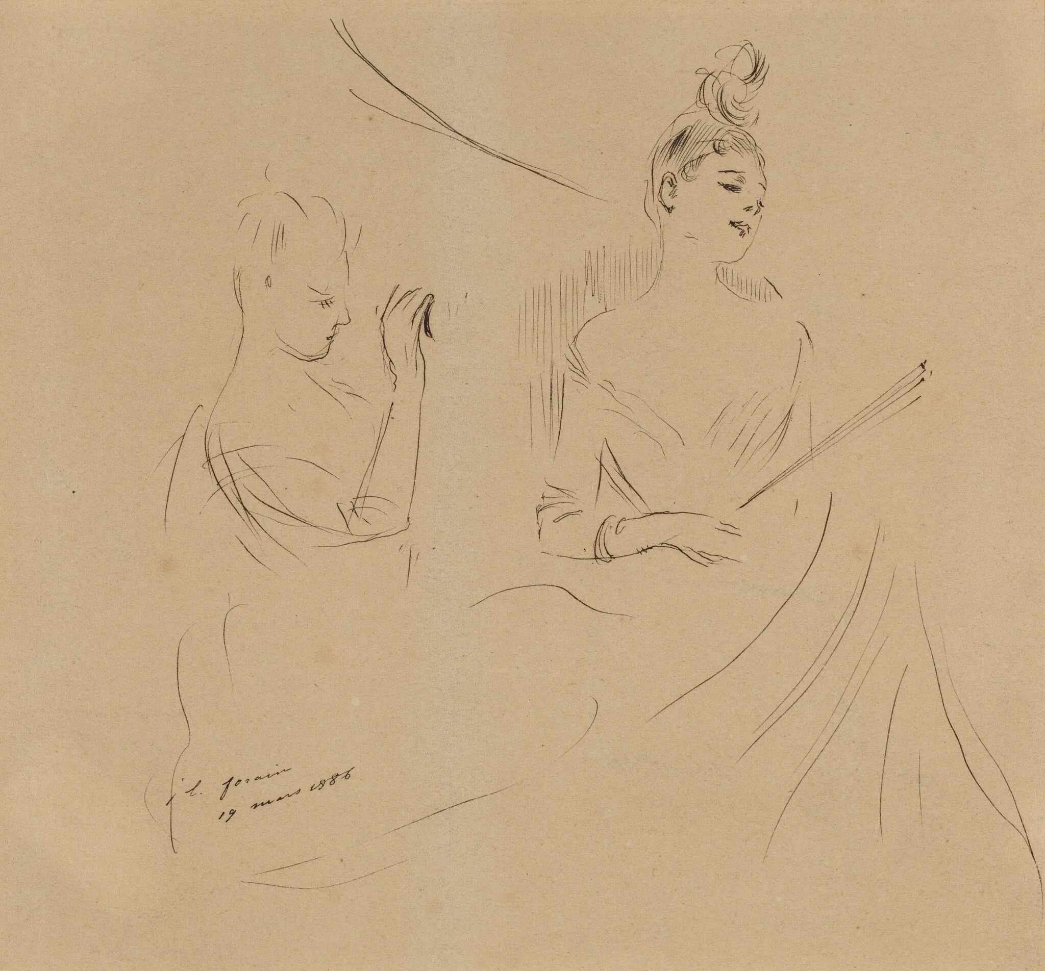 Two Ladies in a Loge, by Jean-Louis Forain, ink, 1886