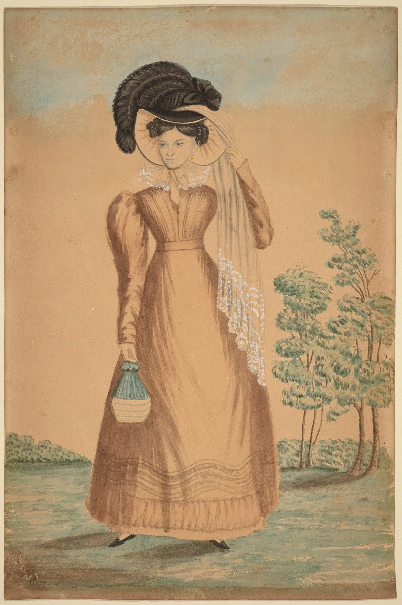 Woman with Plumed Hat, by American 19th Century, graphite, 1825