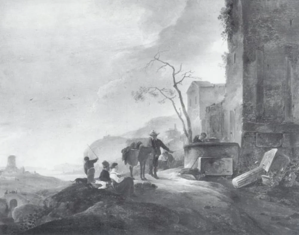 Italian Landscape with Figures at a Fountain among Antique Ruins, by Thomas Wijck, oil, 1647